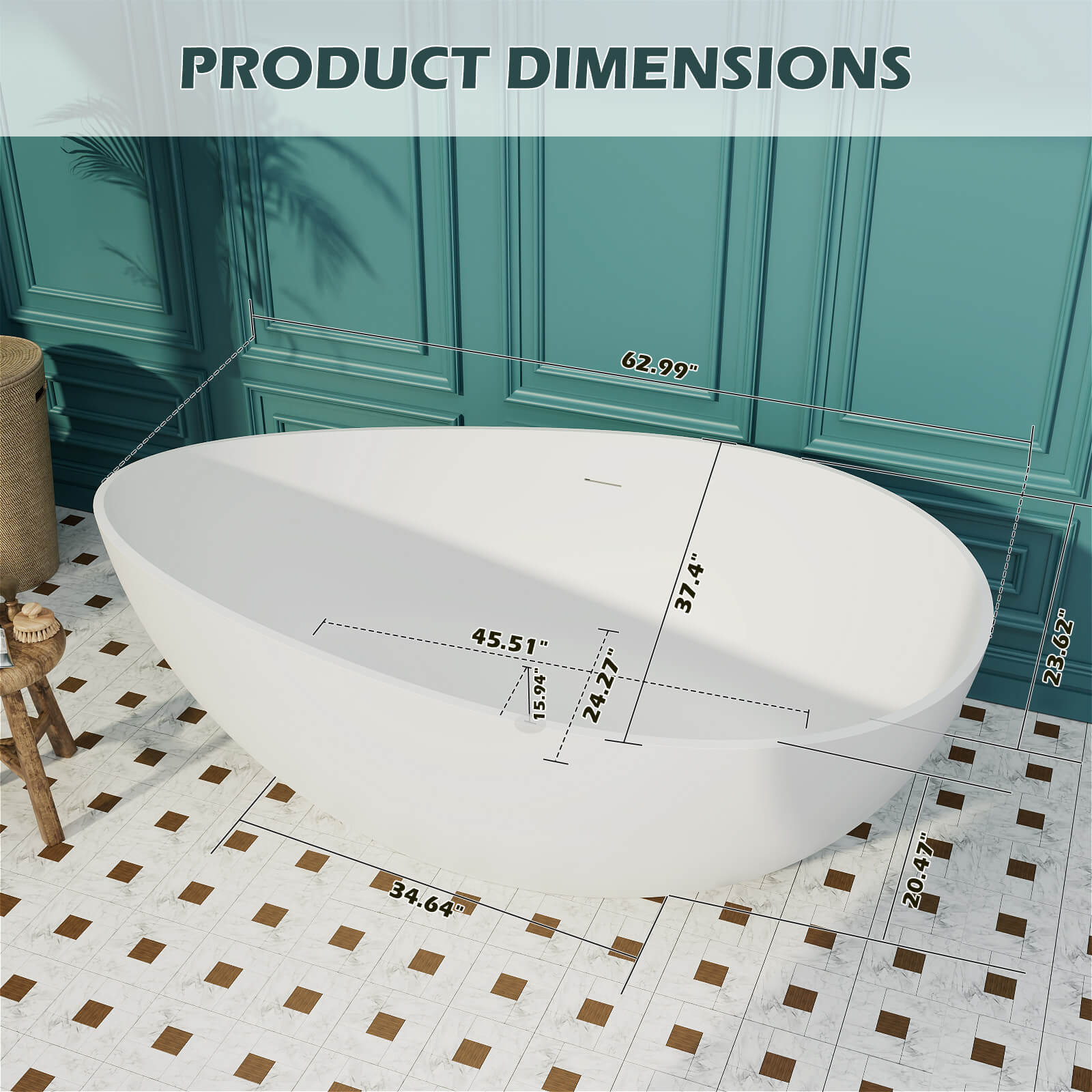 63'' Wave Shaped Freestanding Stone Resin Soaking Bathtub - Image 33