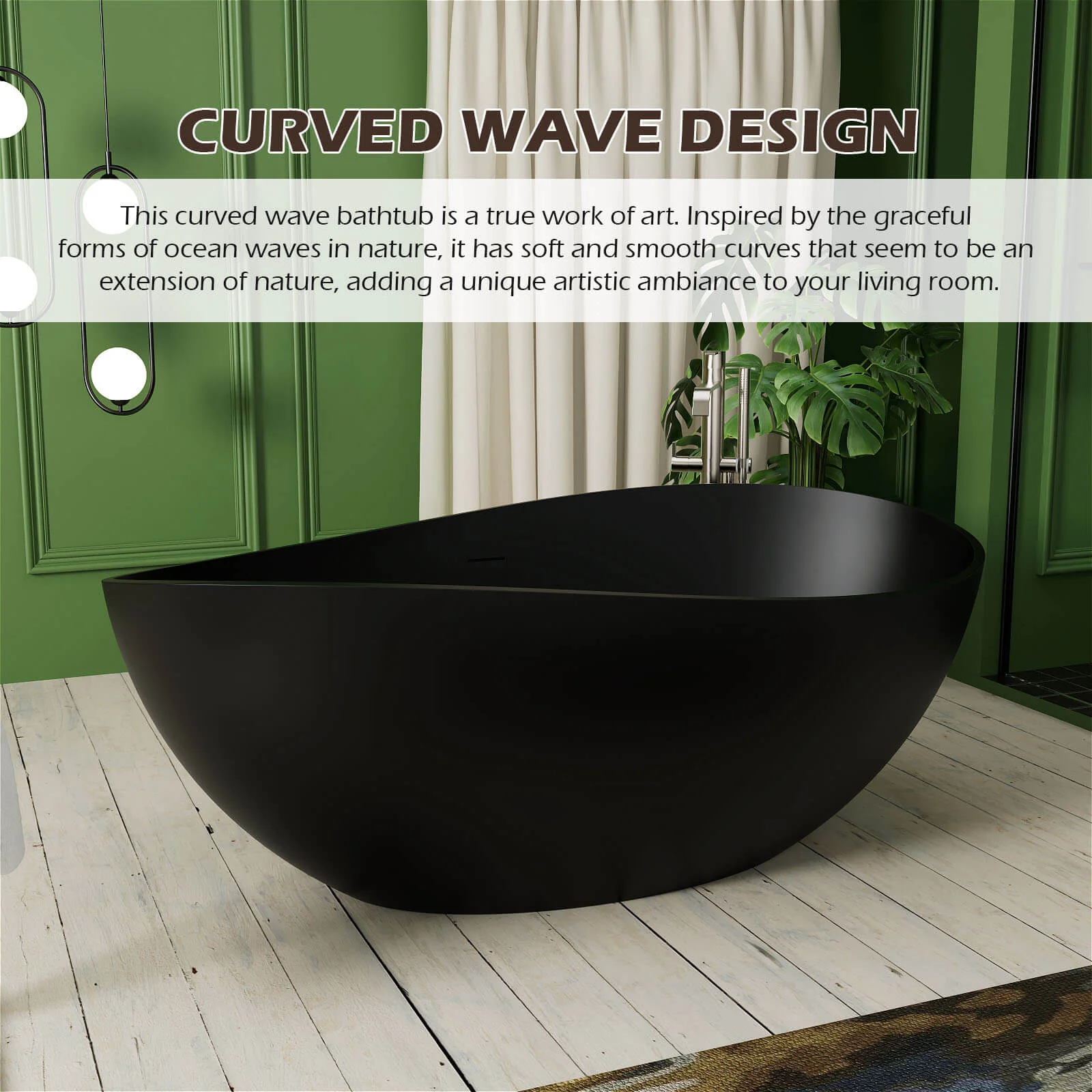 63'' Wave Shaped Freestanding Stone Resin Soaking Bathtub - Image 6
