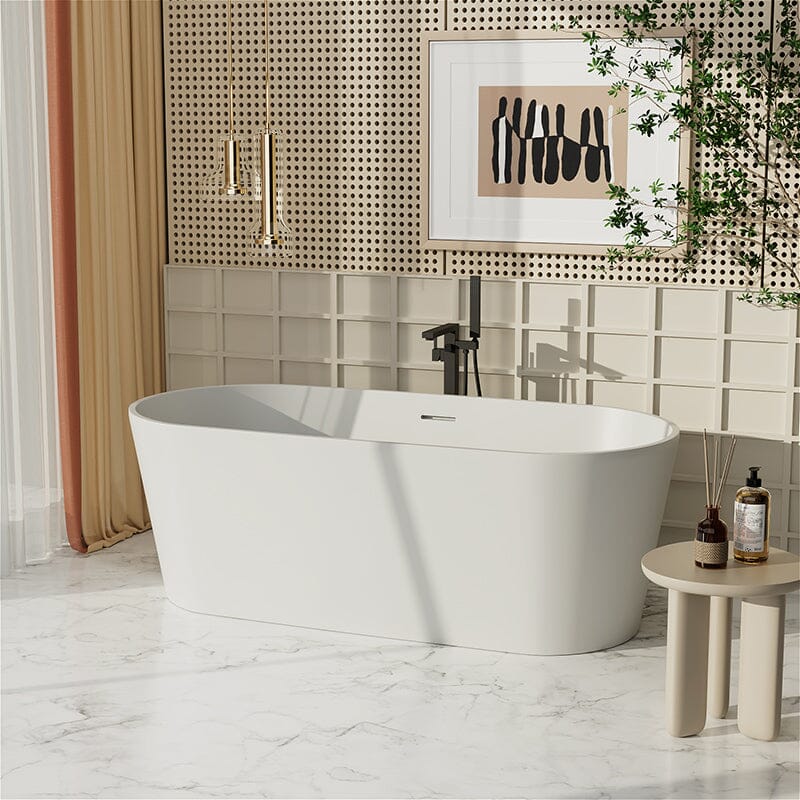63'' Solid Surface Stone Resin Oval-shaped Matte White Freestanding Soaking Bathtub with Overflow - Image 12