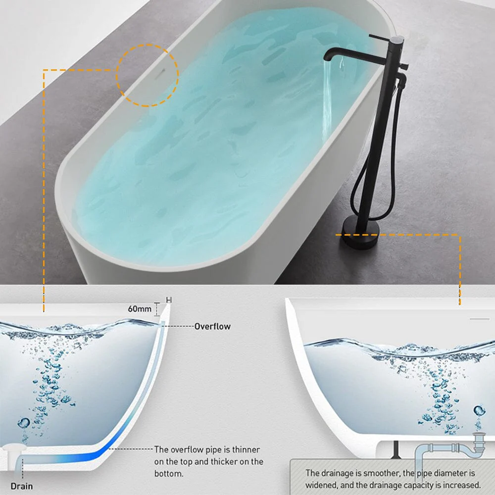 63'' Solid Surface Stone Resin Oval-shaped Matte White Freestanding Soaking Bathtub with Overflow - Image 20