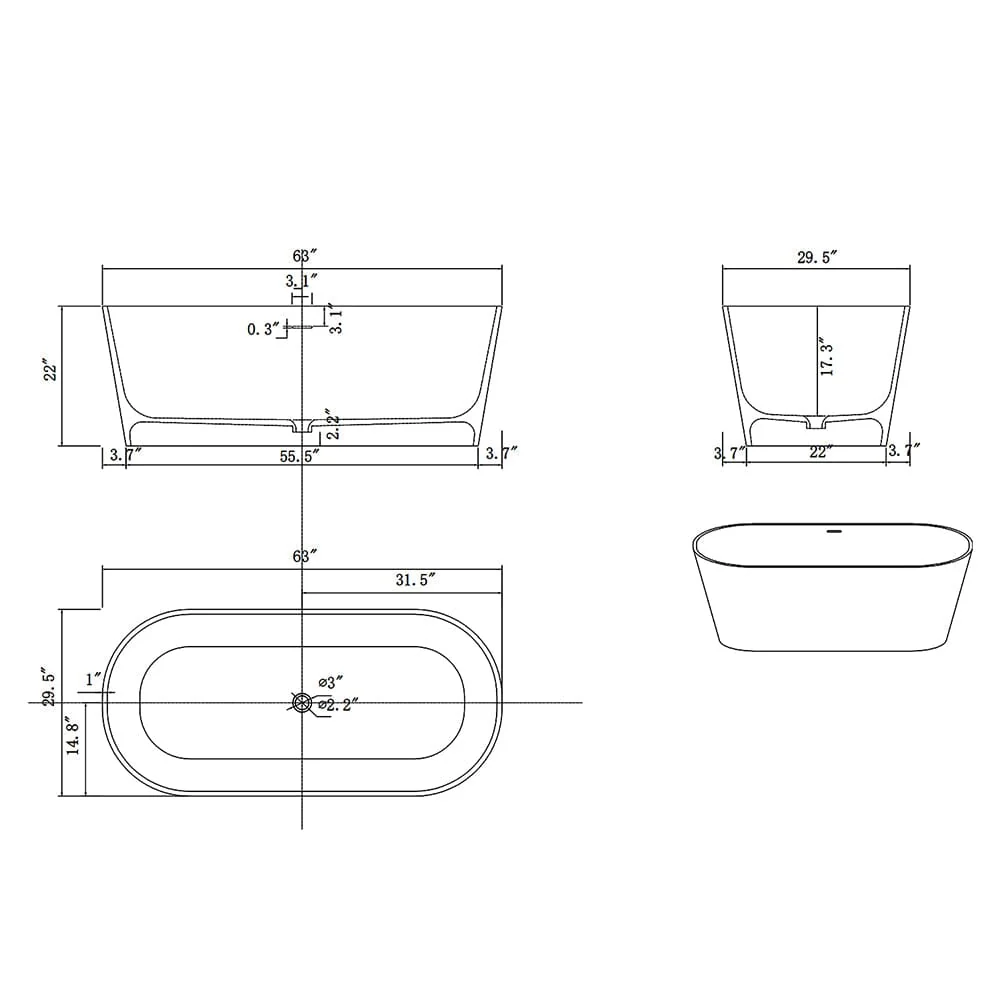 63'' Solid Surface Stone Resin Oval-shaped Matte White Freestanding Soaking Bathtub with Overflow - Image 21