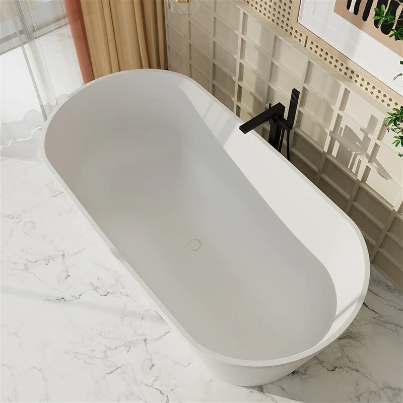 63'' Solid Surface Stone Resin Oval-shaped Matte White Freestanding Soaking Bathtub with Overflow - Image 3