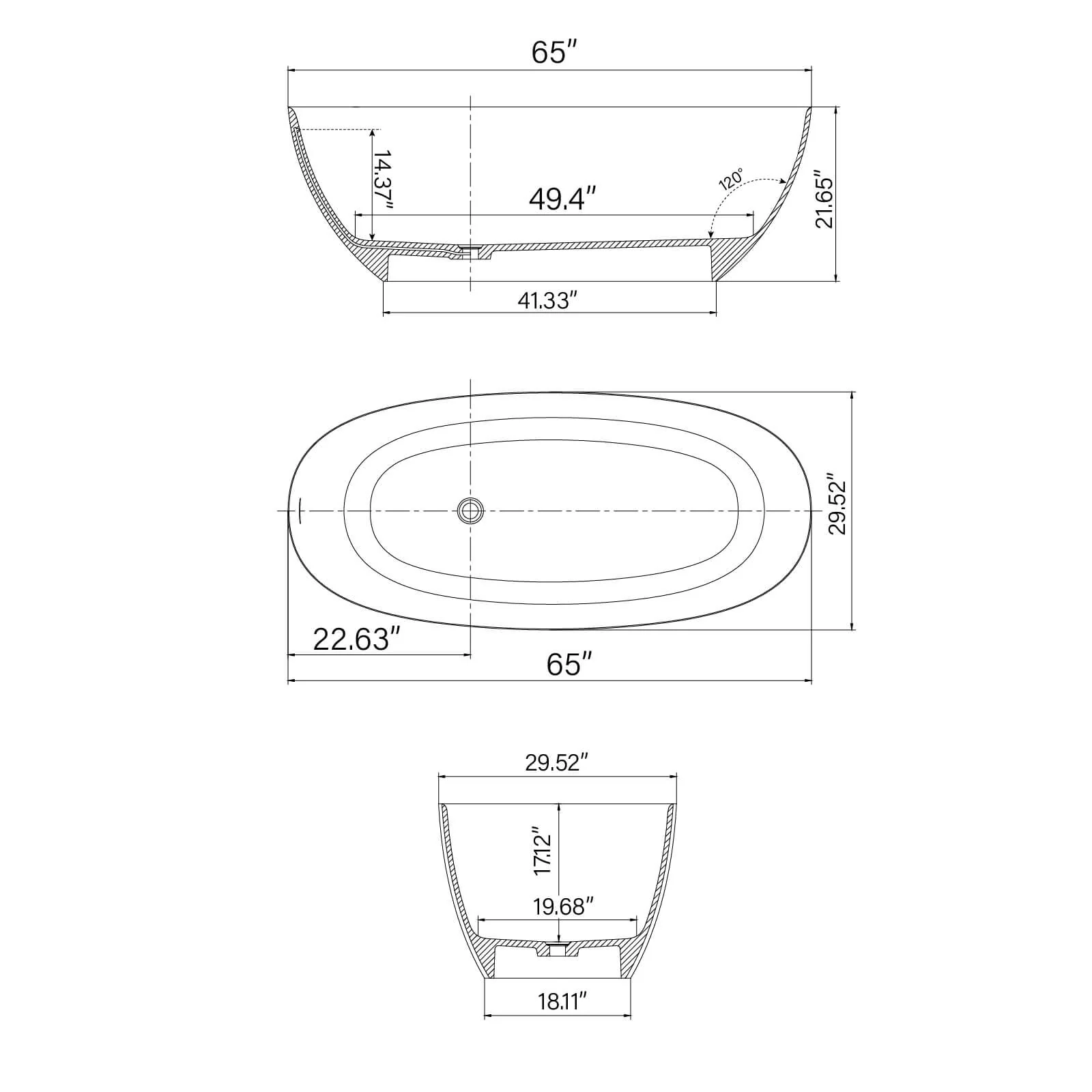 65" Black Solid Surface Freestanding Bathtub with Marble Vein Design - Image 7