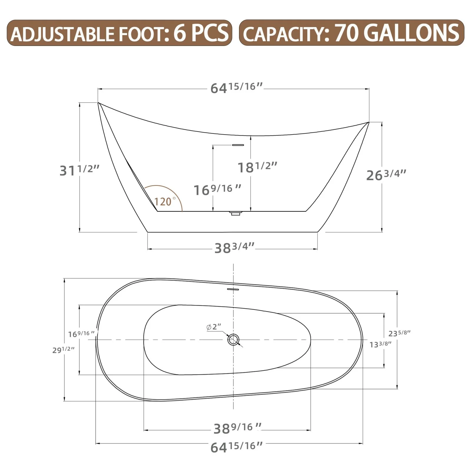 65" Acrylic Reclining Slipper Tub - Image 11