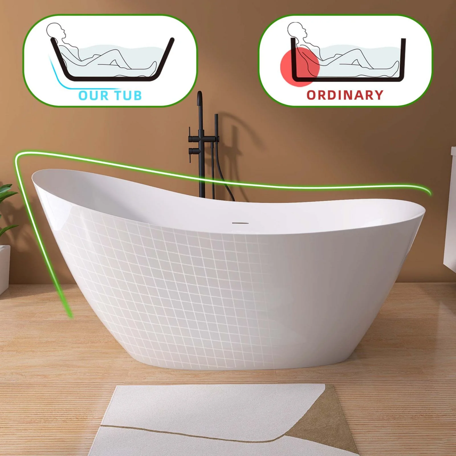 65" Acrylic Reclining Slipper Tub - Image 3