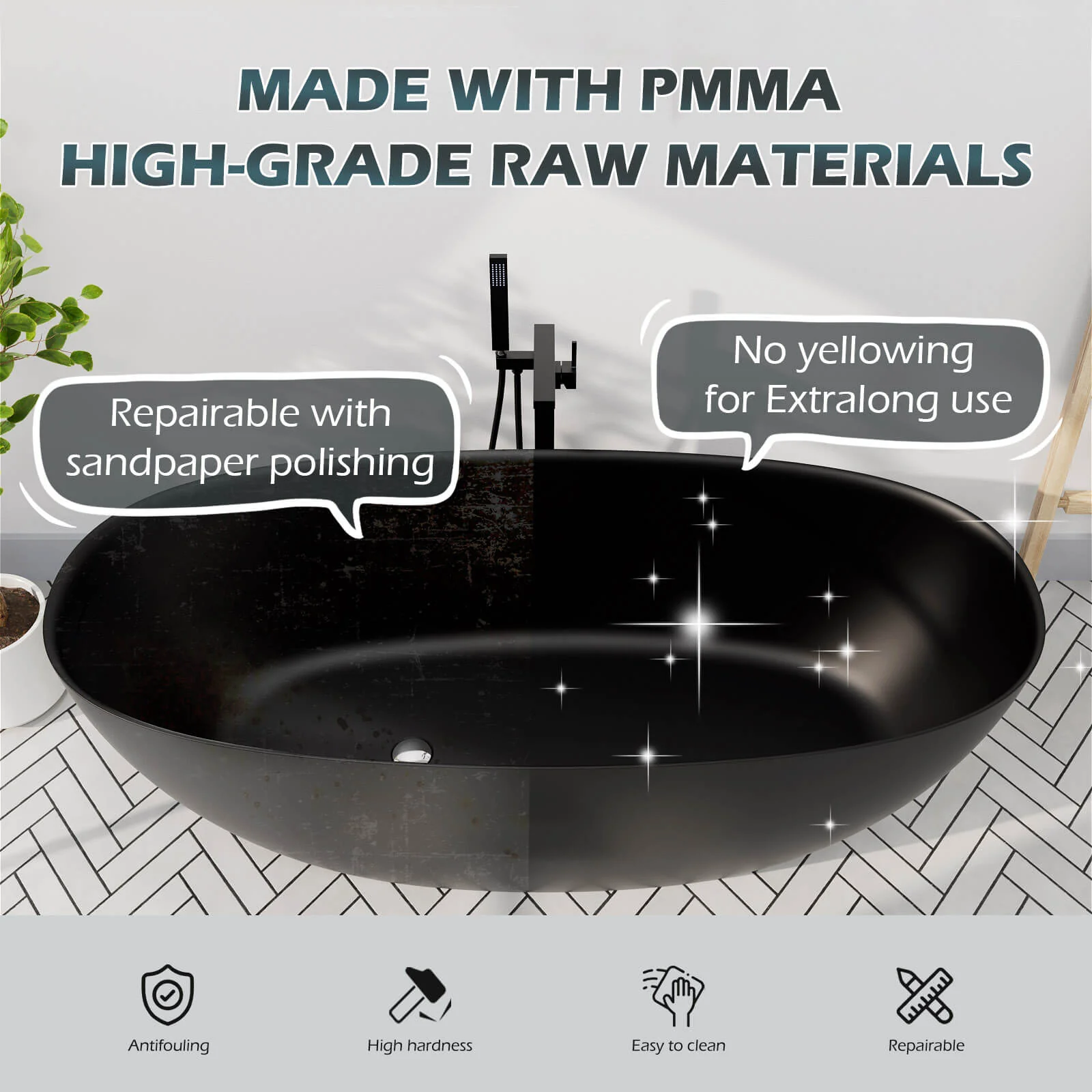 65'' Solid Surface Stone Resin Modern Oval Shaped Freestanding Soaking Bathtub with Overflow - Image 11