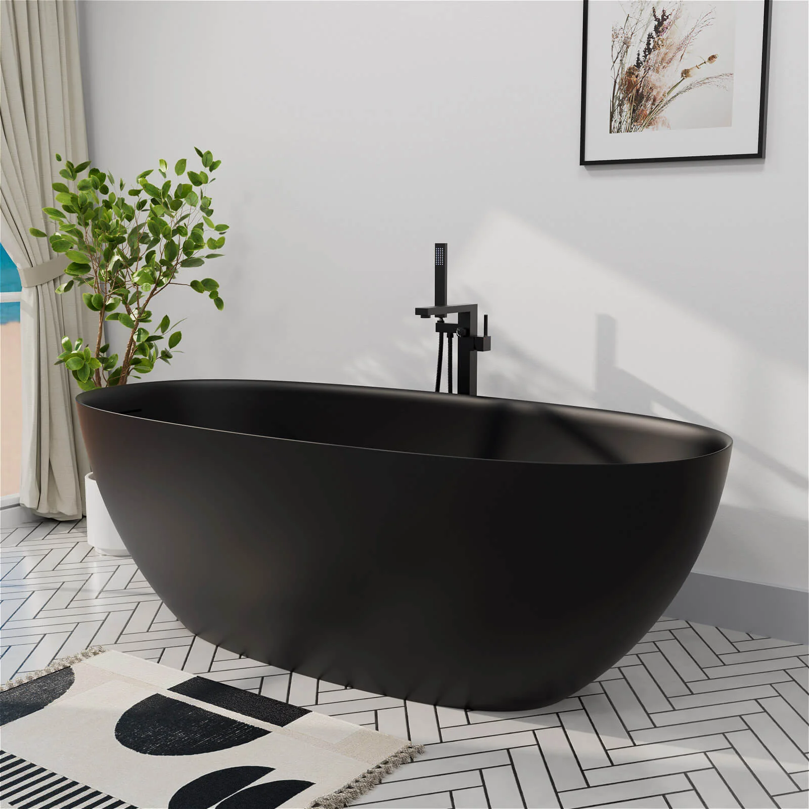 65'' Solid Surface Stone Resin Modern Oval Shaped Freestanding Soaking Bathtub with Overflow - Image 13