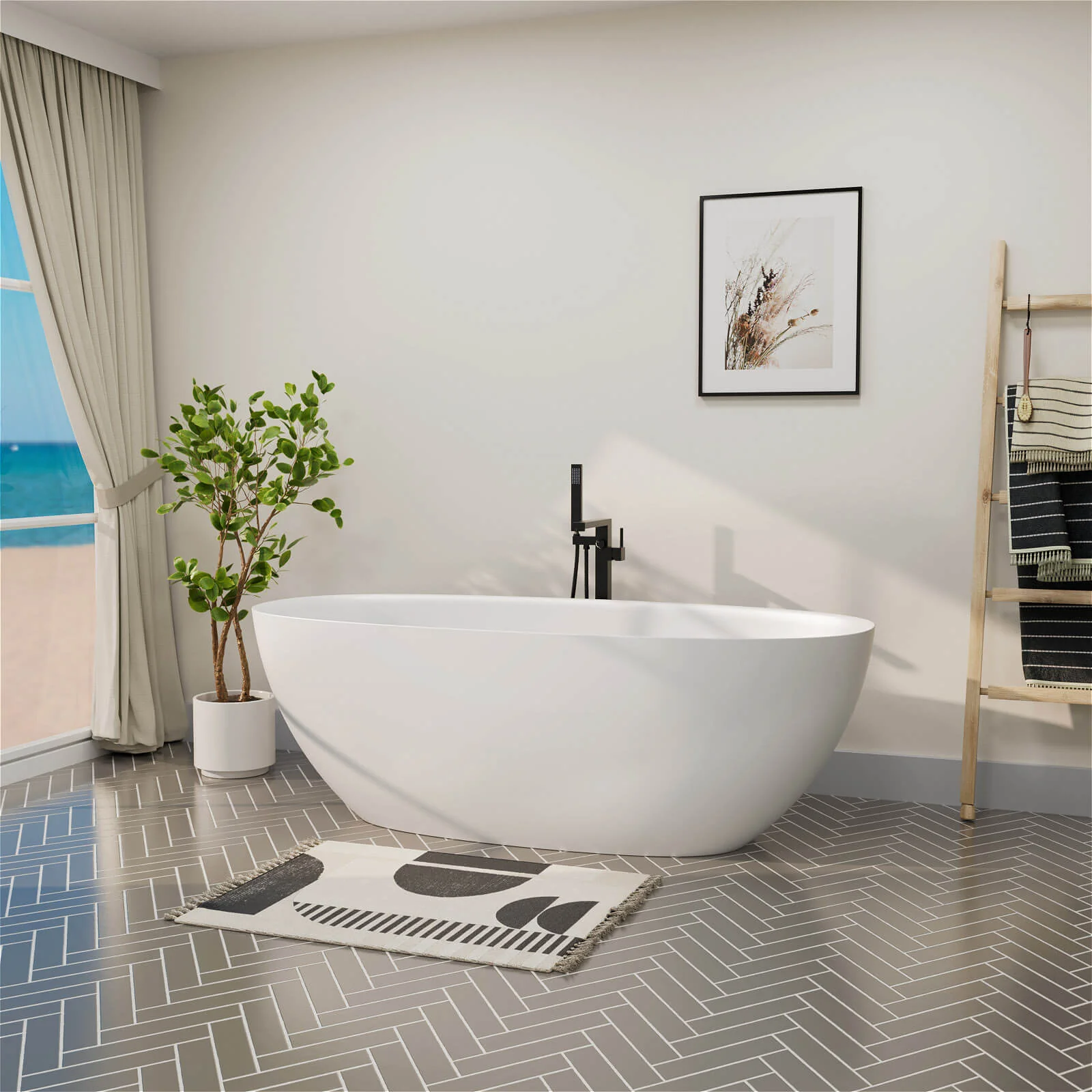 65'' Solid Surface Stone Resin Modern Oval Shaped Freestanding Soaking Bathtub with Overflow - Image 20