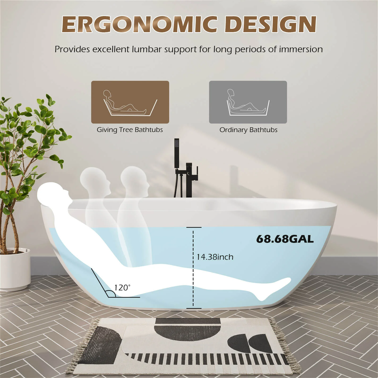 65'' Solid Surface Stone Resin Modern Oval Shaped Freestanding Soaking Bathtub with Overflow - Image 23
