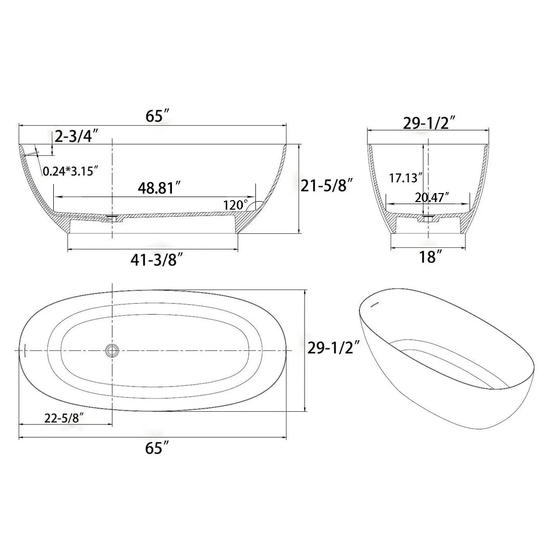 65'' Solid Surface Stone Resin Modern Oval Shaped Freestanding Soaking Bathtub with Overflow - Image 29