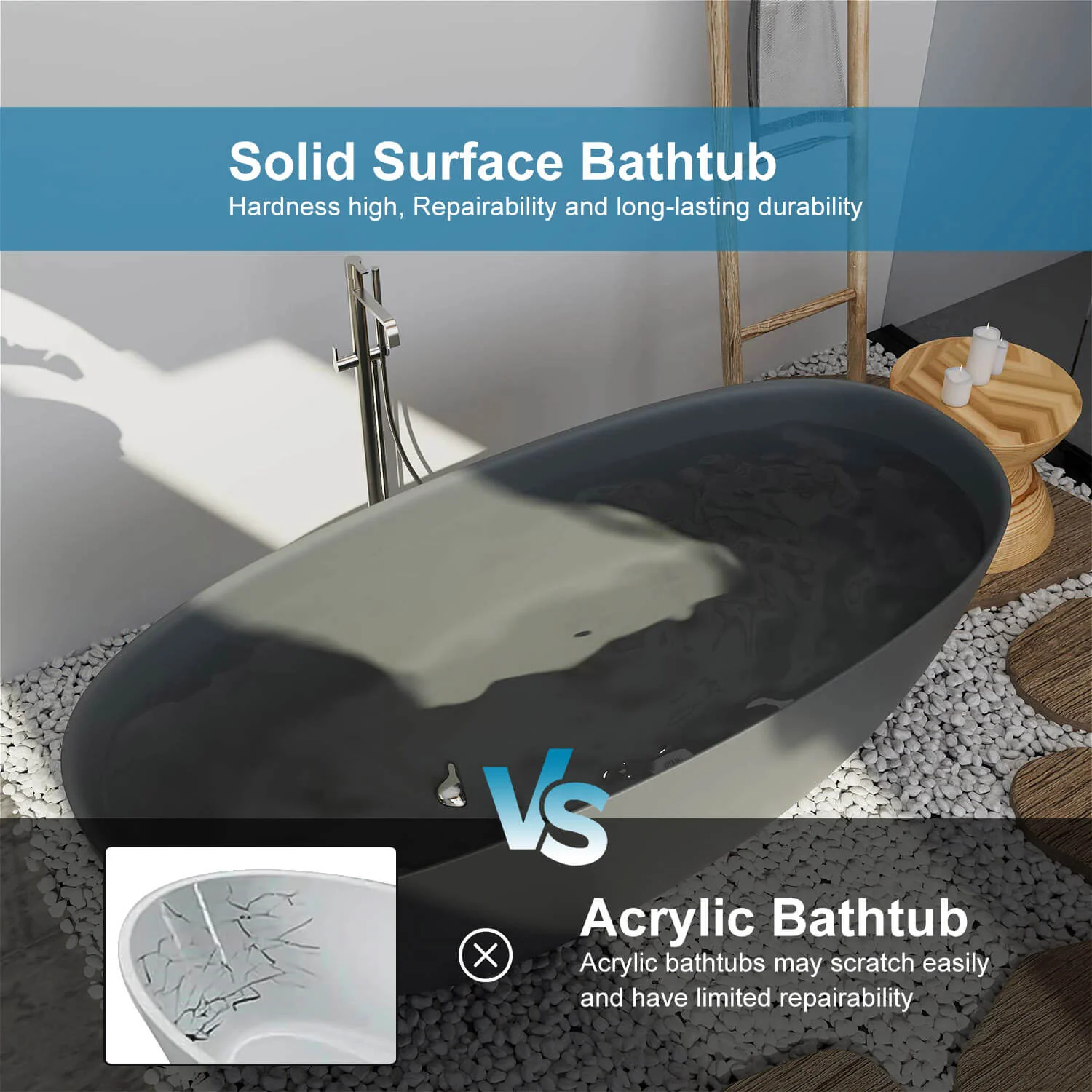 65'' Solid Surface Stone Resin Modern Oval Shaped Freestanding Soaking Bathtub with Overflow - Image 35