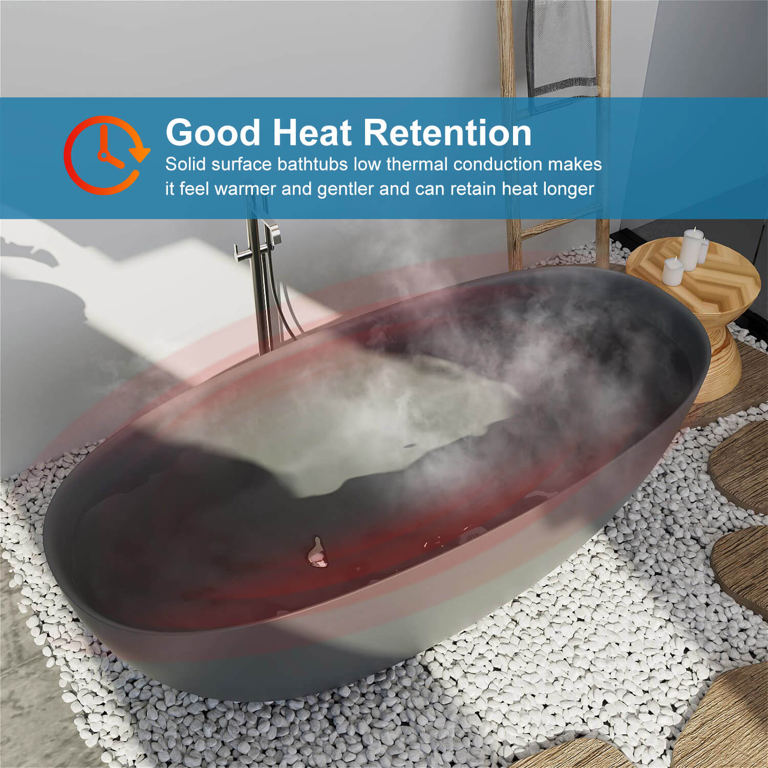 65'' Solid Surface Stone Resin Modern Oval Shaped Freestanding Soaking Bathtub with Overflow - Image 37