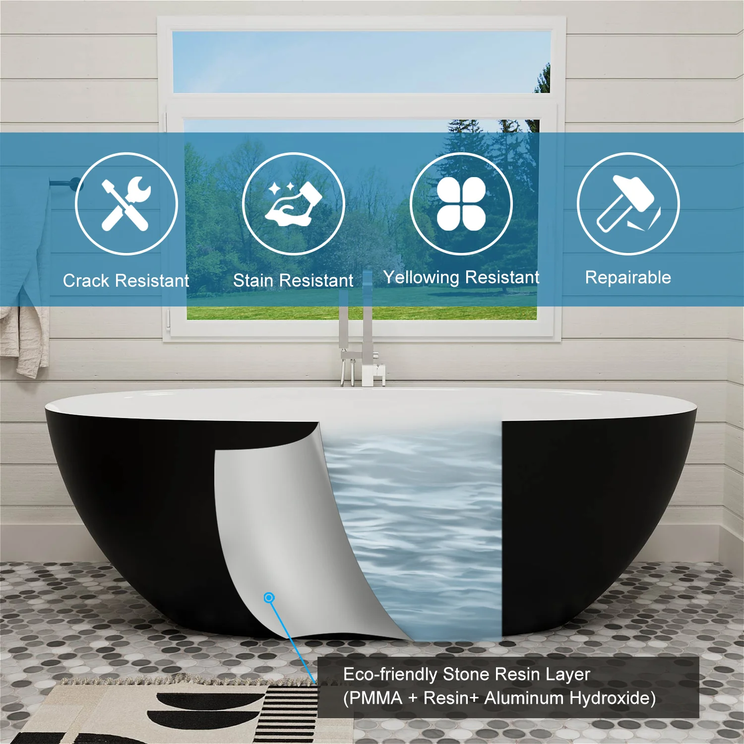 65'' Solid Surface Stone Resin Modern Oval Shaped Freestanding Soaking Bathtub with Overflow - Image 44