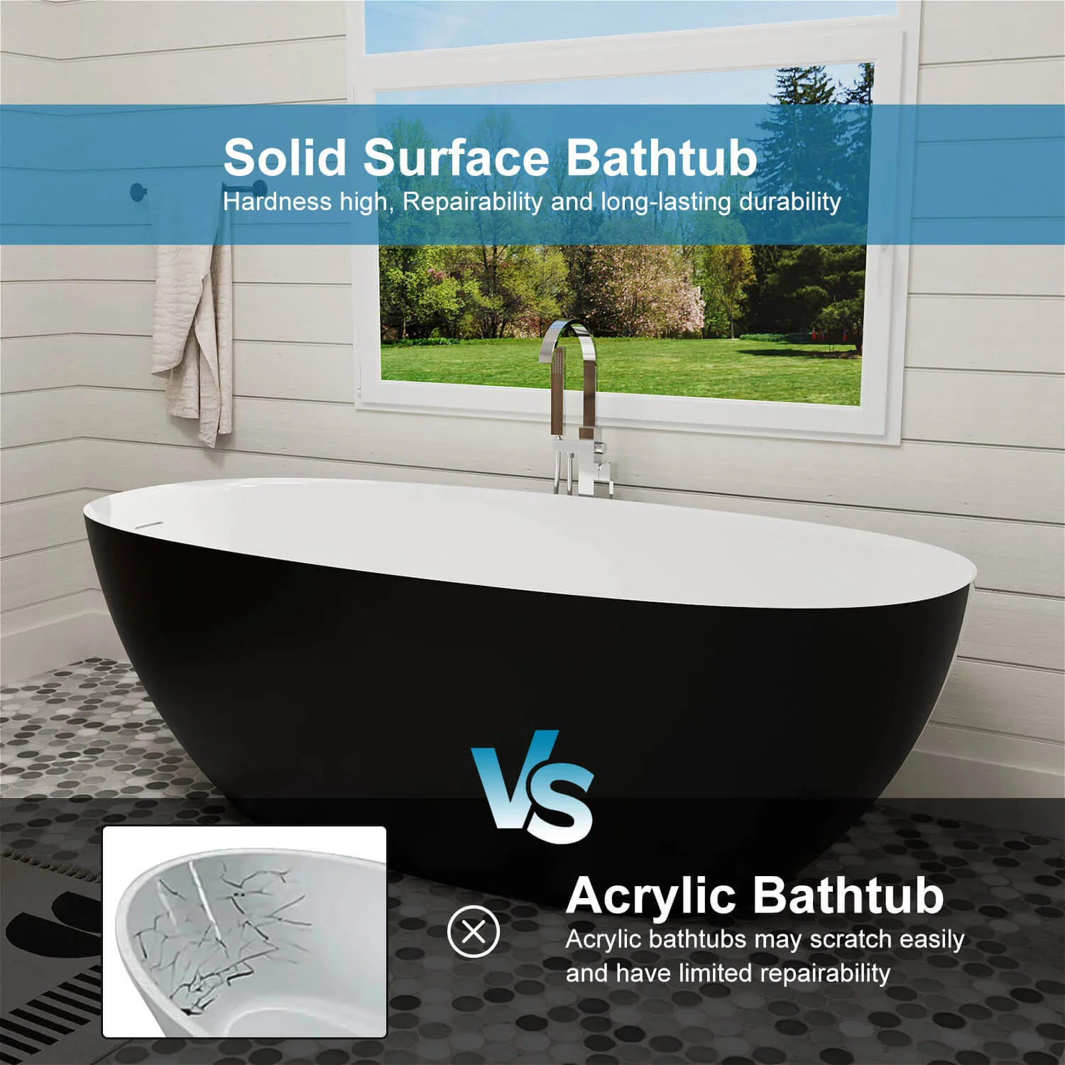 65'' Solid Surface Stone Resin Modern Oval Shaped Freestanding Soaking Bathtub with Overflow - Image 45