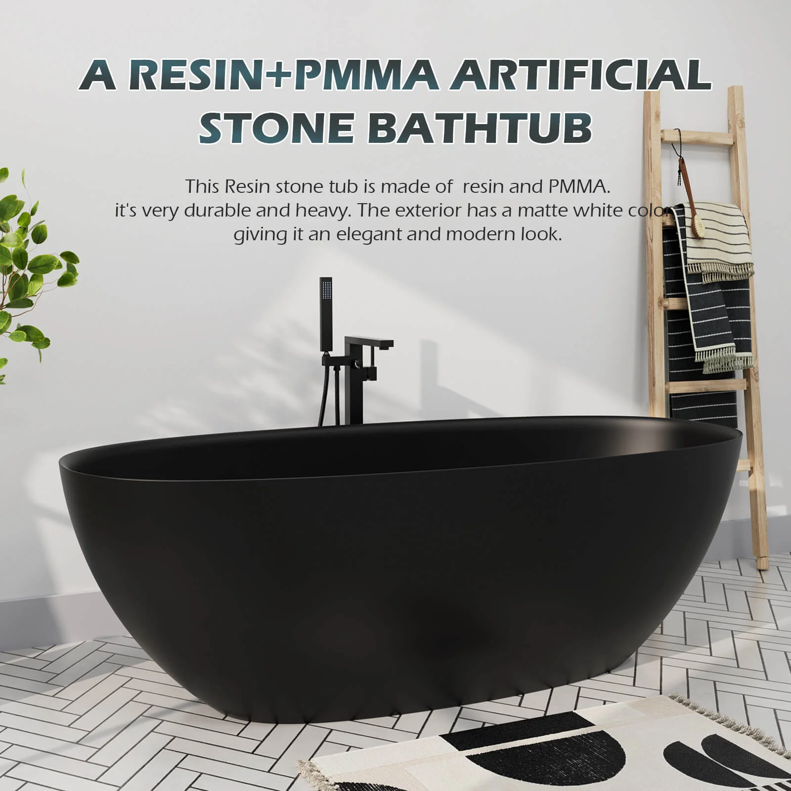 65'' Solid Surface Stone Resin Modern Oval Shaped Freestanding Soaking Bathtub with Overflow - Image 8