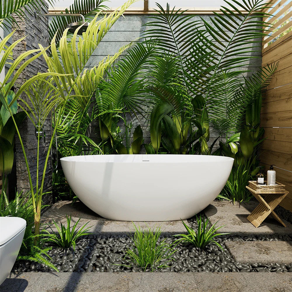 65'' Solid Surface Stone Resin Oval-shaped Freestanding Soaking Bathtub with Overflow - Image 10