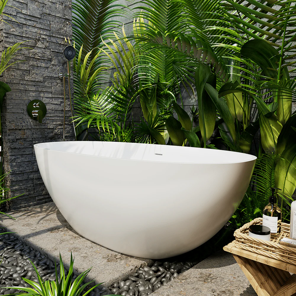 65'' Solid Surface Stone Resin Oval-shaped Freestanding Soaking Bathtub with Overflow - Image 12