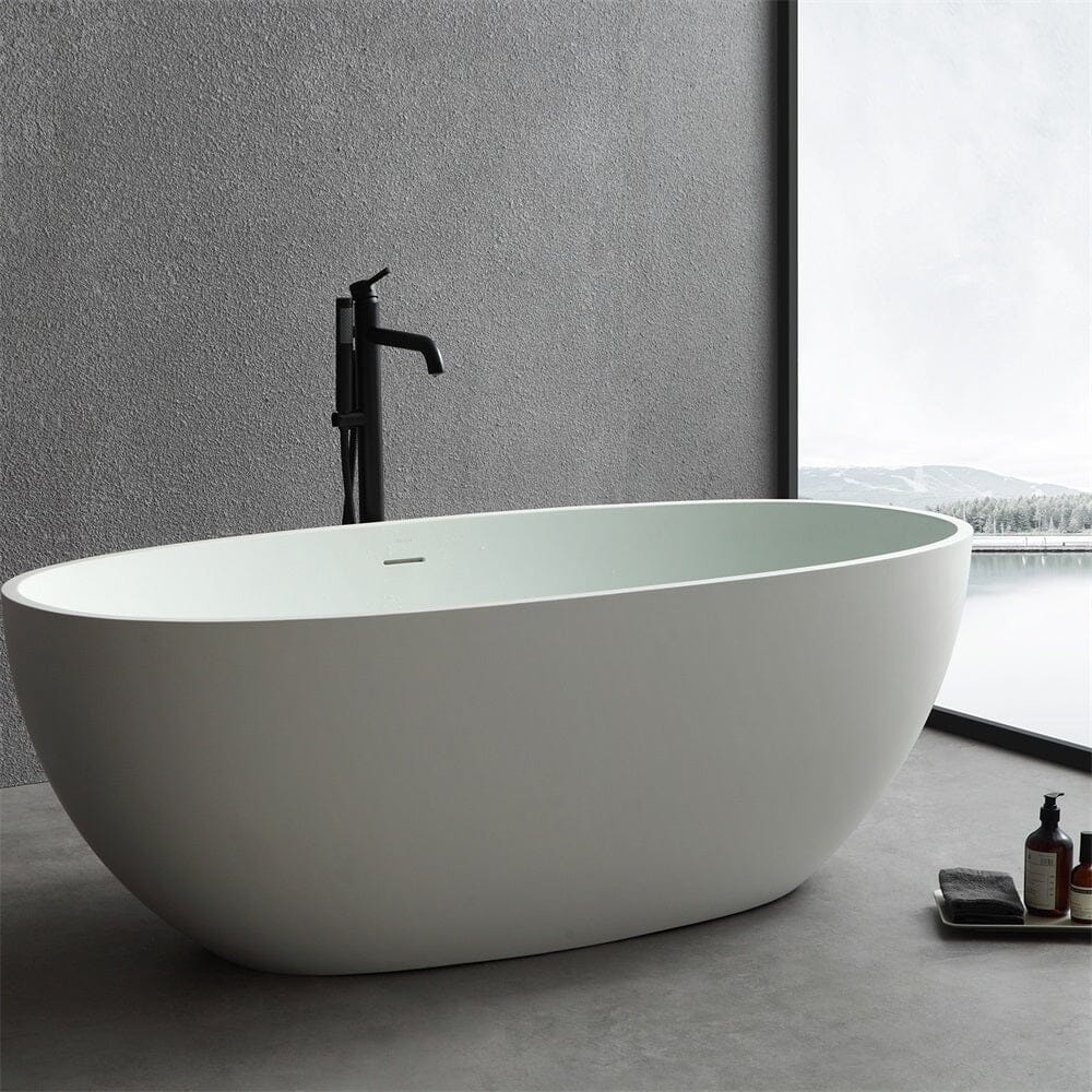 65'' Solid Surface Stone Resin Oval-shaped Freestanding Soaking Bathtub with Overflow - Image 16