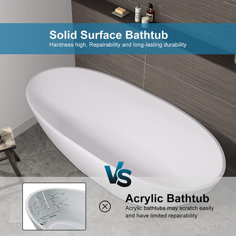 65'' Solid Surface Stone Resin Oval-shaped Freestanding Soaking Bathtub with Overflow - Image 18