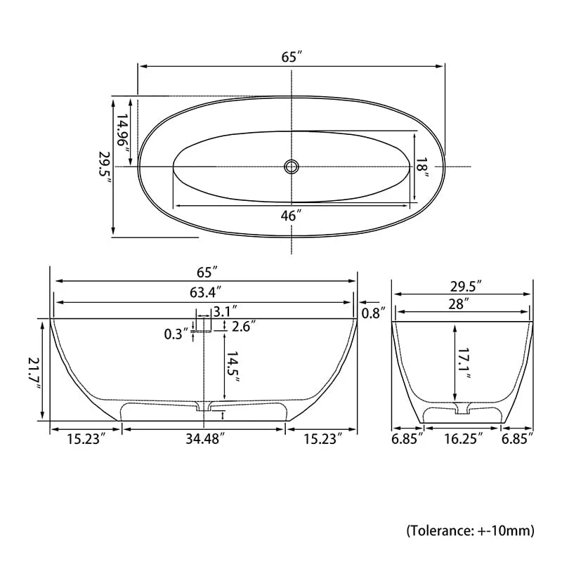65'' Solid Surface Stone Resin Oval-shaped Freestanding Soaking Bathtub with Overflow - Image 8