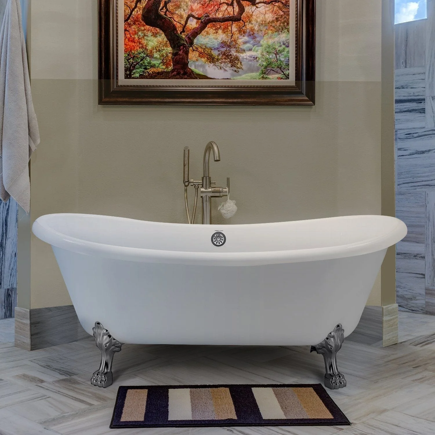 Mokleba 67" Rolled Rim Claw Foot Double Slipper Tub - Acrylic Material, Freestanding Design, Immersive Soaking Experience - Image 3