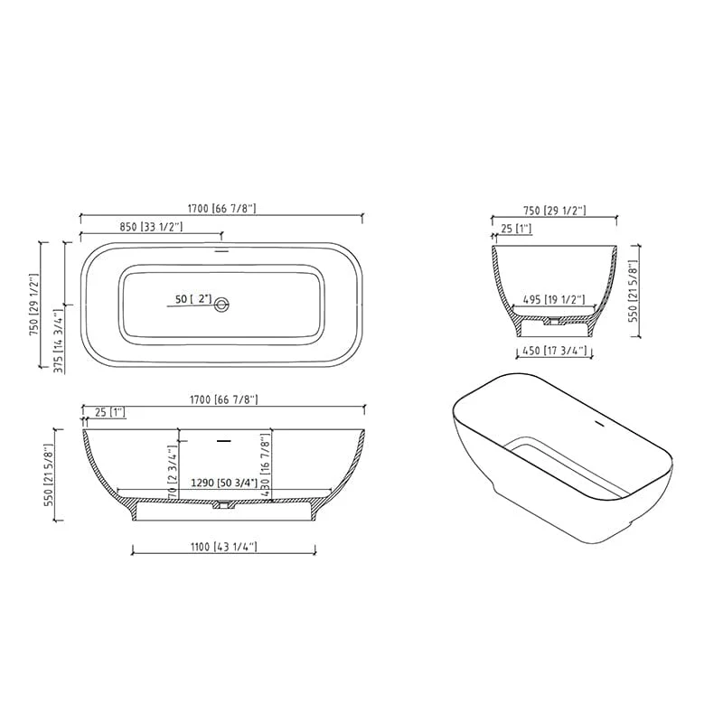 67'' Modern Freestanding Soaking Bathtub Solid Surface Stone Resin Rounded Rectangle - Image 6