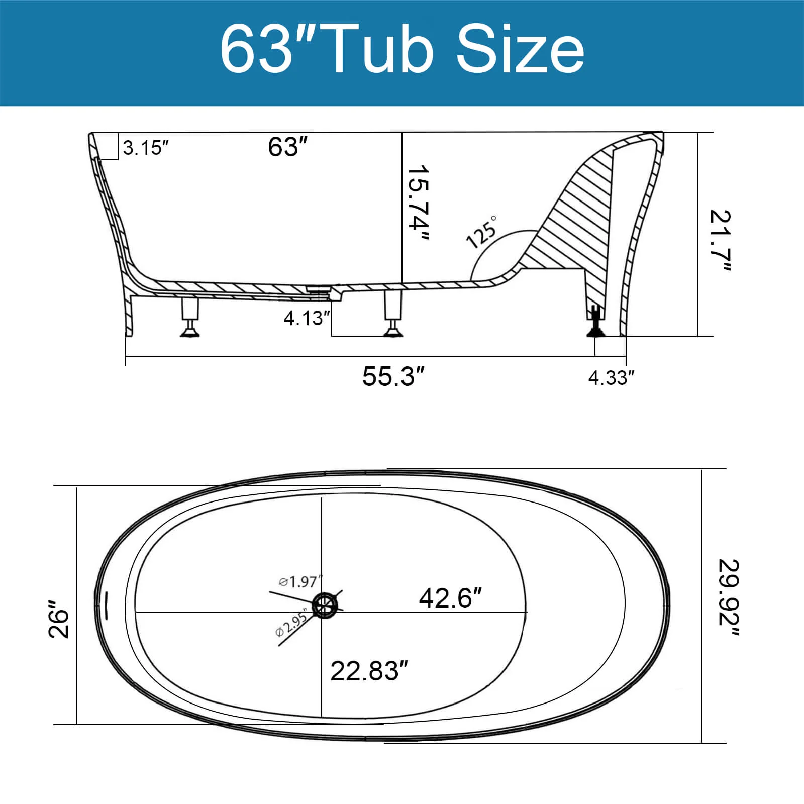 63"/67"/71'' Solid Surface Stone Resin Freestanding Soaking Bathtub Comfortable Backrest Design - Image 12