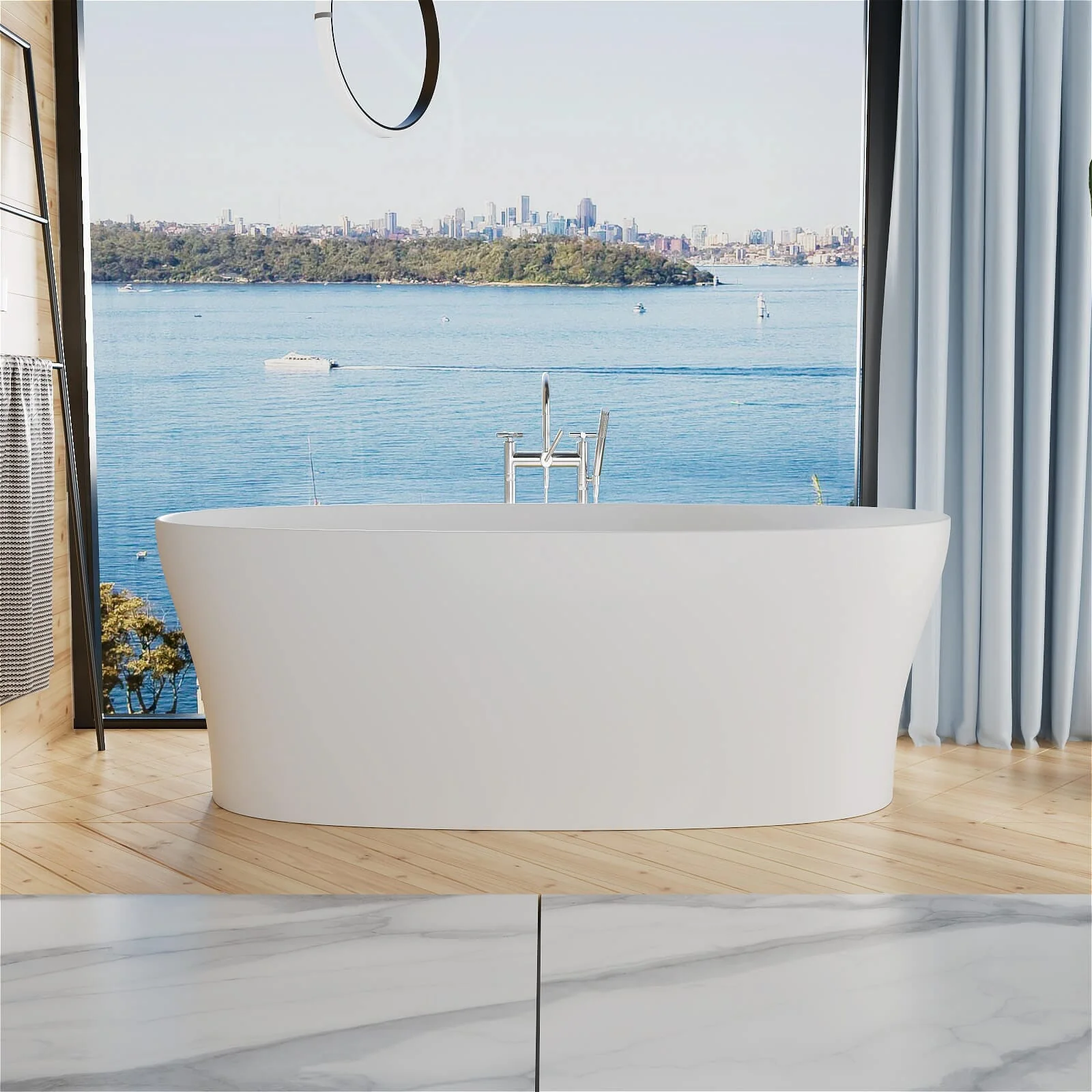 63"/67"/71'' Solid Surface Stone Resin Freestanding Soaking Bathtub Comfortable Backrest Design - Image 14