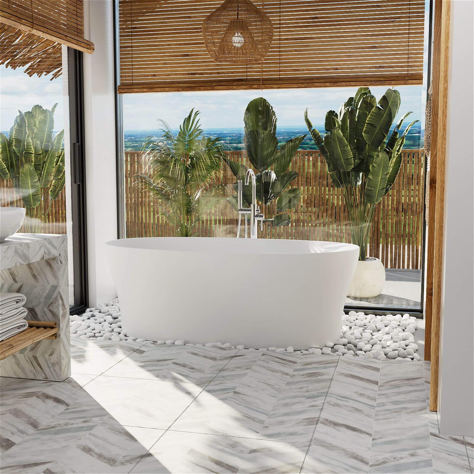 63"/67"/71'' Solid Surface Stone Resin Freestanding Soaking Bathtub Comfortable Backrest Design - Image 18