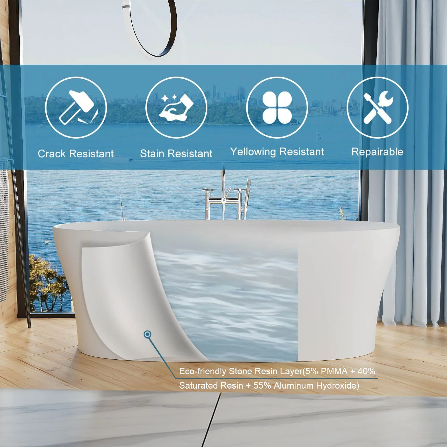 63"/67"/71'' Solid Surface Stone Resin Freestanding Soaking Bathtub Comfortable Backrest Design - Image 19