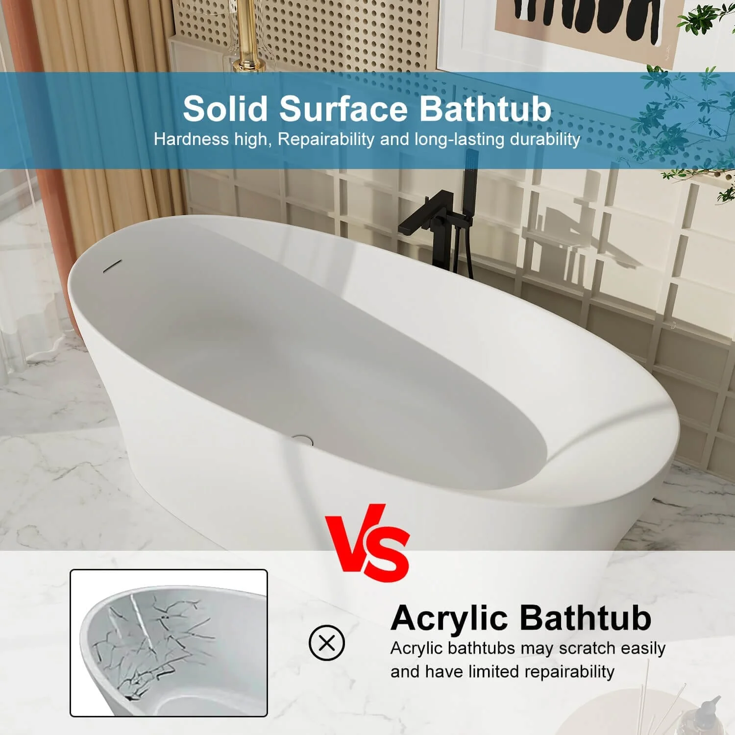 63"/67"/71'' Solid Surface Stone Resin Freestanding Soaking Bathtub Comfortable Backrest Design - Image 20