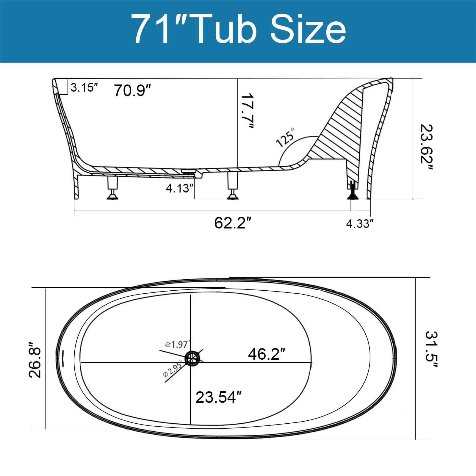 63"/67"/71'' Solid Surface Stone Resin Freestanding Soaking Bathtub Comfortable Backrest Design - Image 35