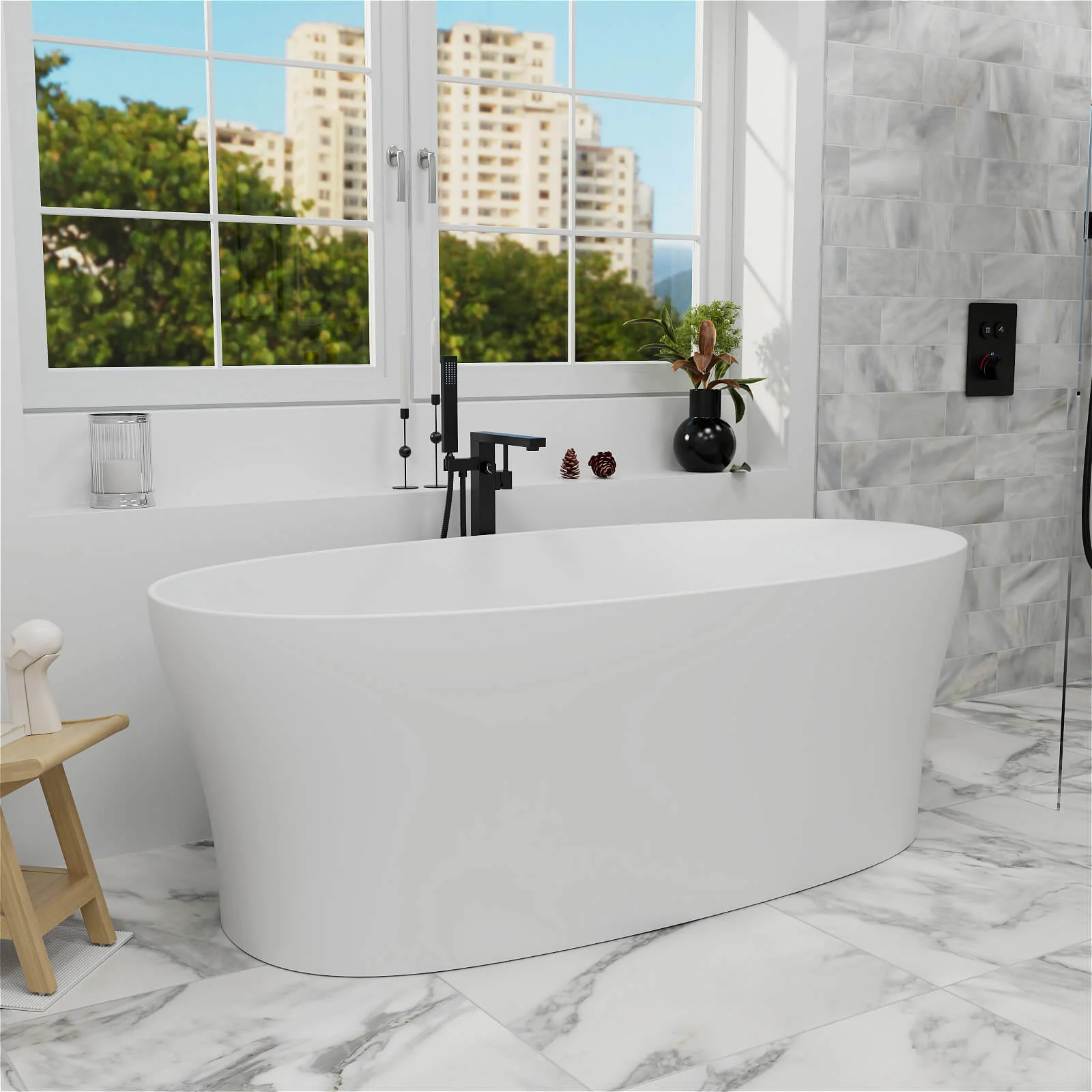 63"/67"/71'' Solid Surface Stone Resin Freestanding Soaking Bathtub Comfortable Backrest Design - Image 5