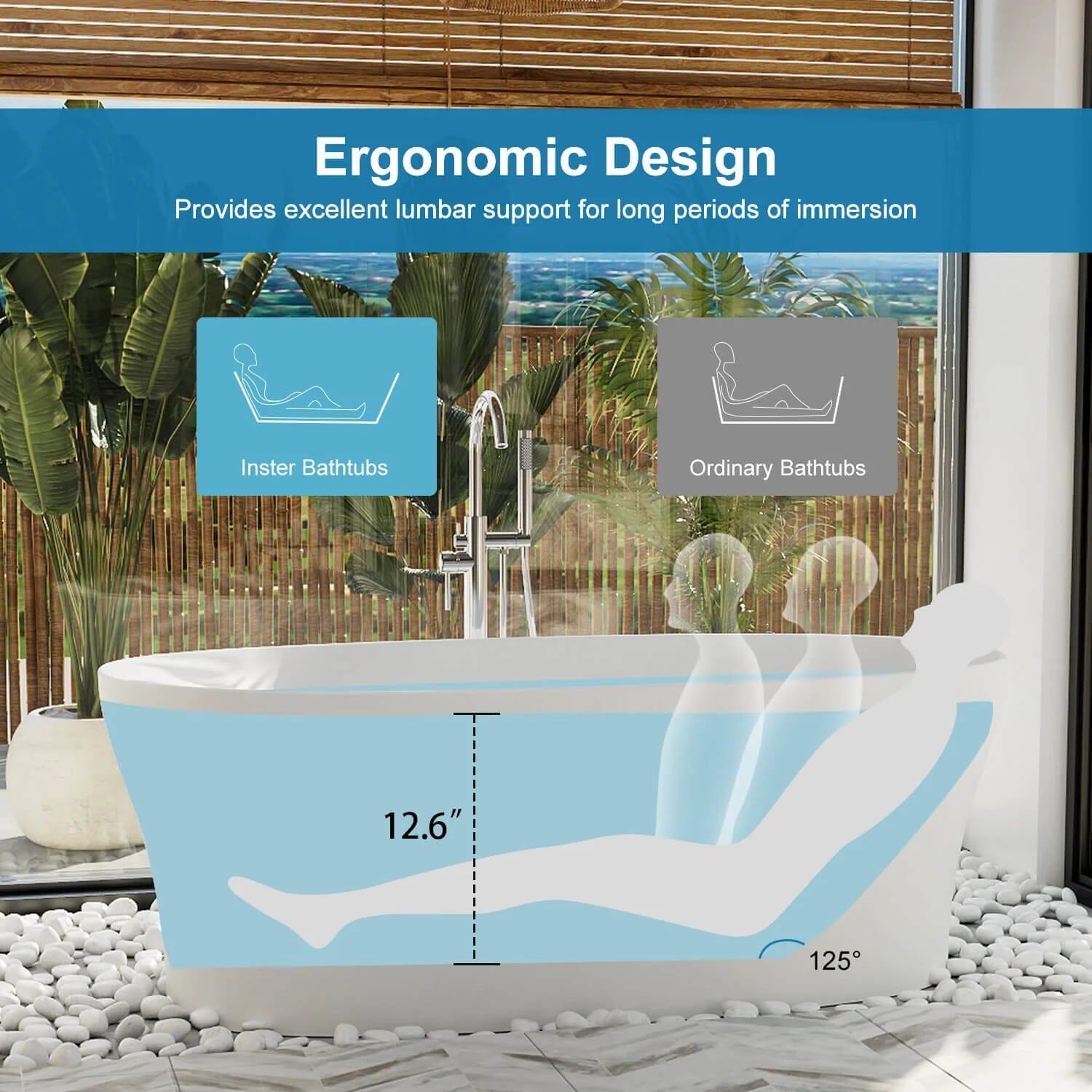 63"/67"/71'' Solid Surface Stone Resin Freestanding Soaking Bathtub Comfortable Backrest Design - Image 9