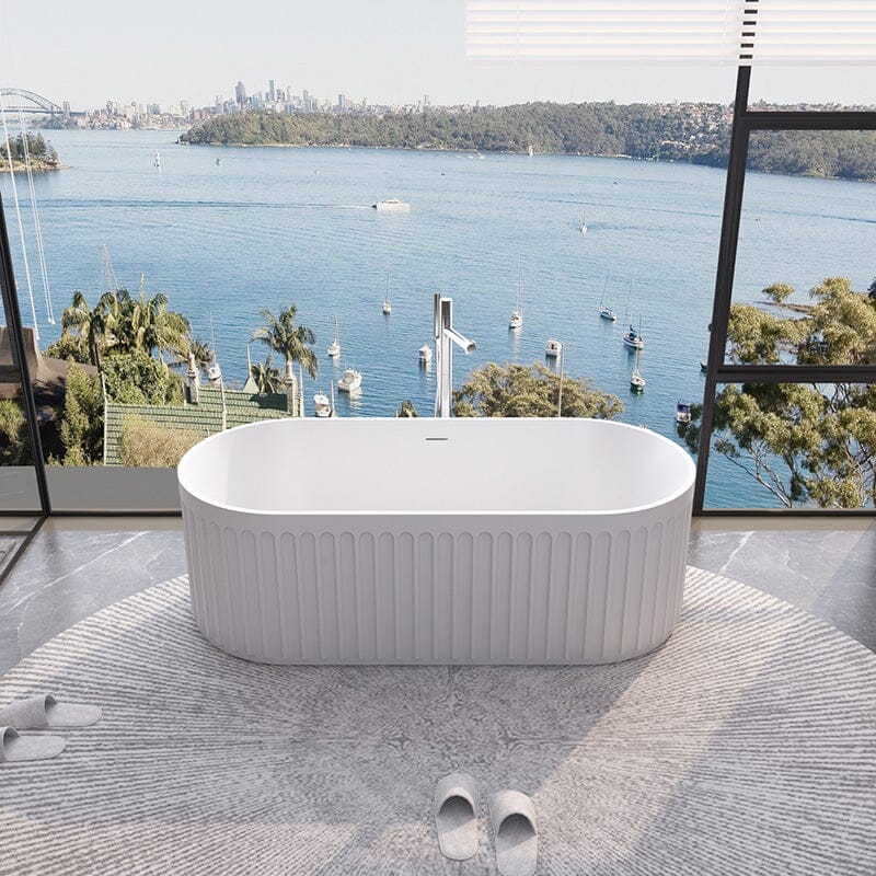 67'' Solid Surface Stone Resin Nordic Modern Oval Shaped Freestanding Soaking Bathtub with Fluted - Image 4