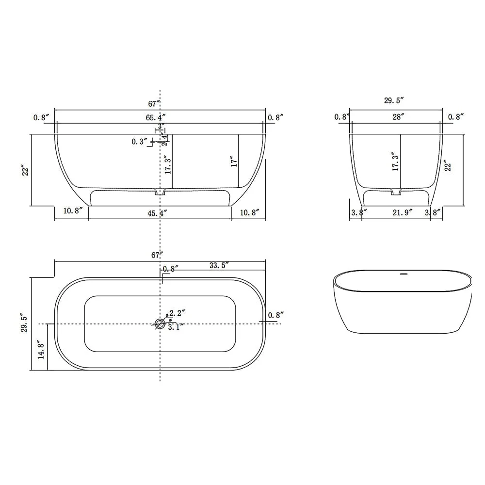 67'' Solid Surface Stone Resin Modern Oval Matte White Freestanding Soaking Bathtub with Overflow - Image 15