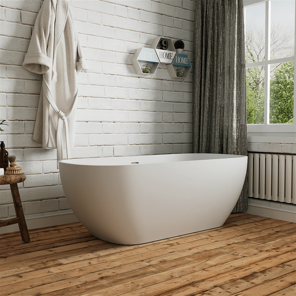 67'' Solid Surface Stone Resin Modern Oval Matte White Freestanding Soaking Bathtub with Overflow - Image 5