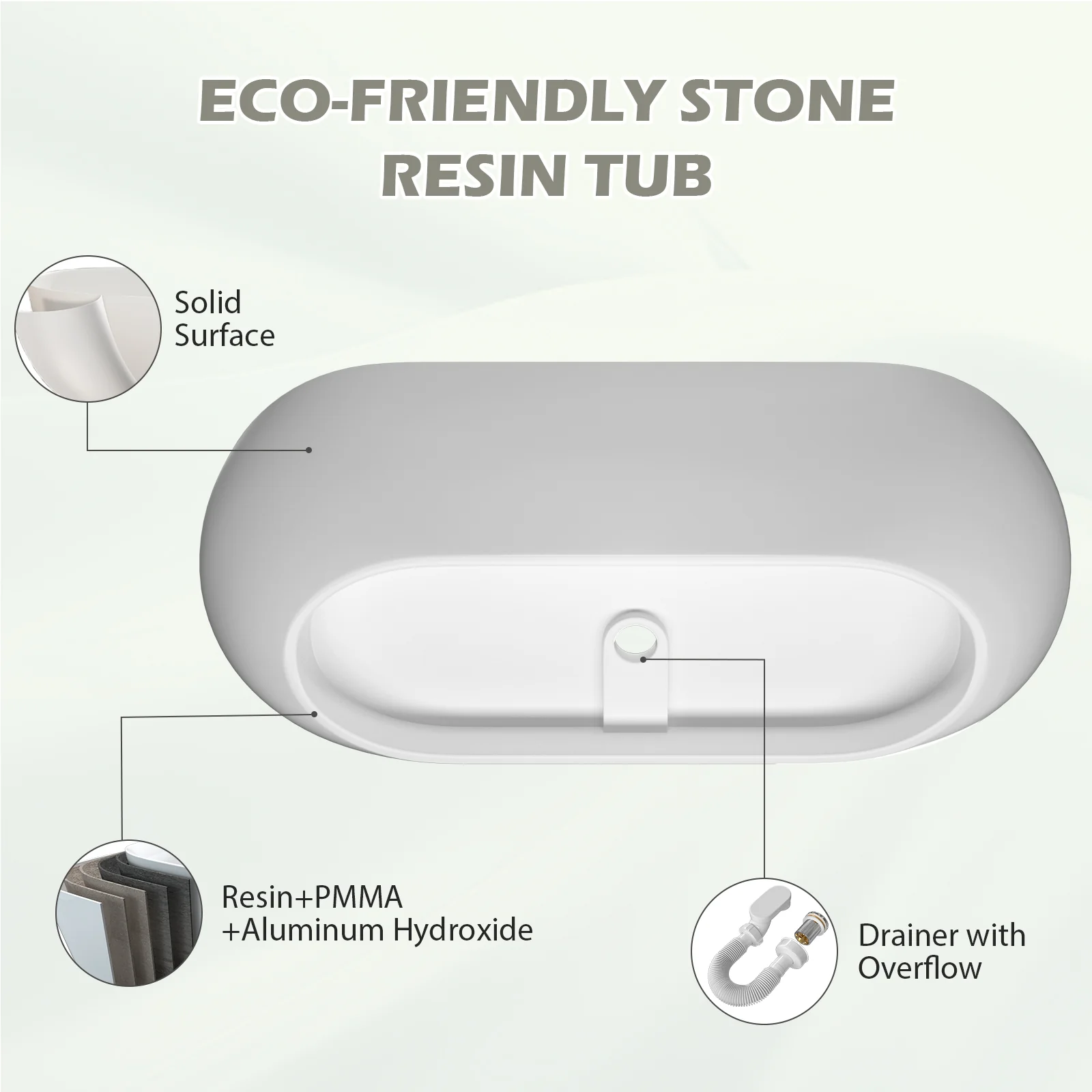 69'' Modern Bathtub Solid Surface Stone Resin Oval-shaped Freestanding Soaking Tub - Image 11