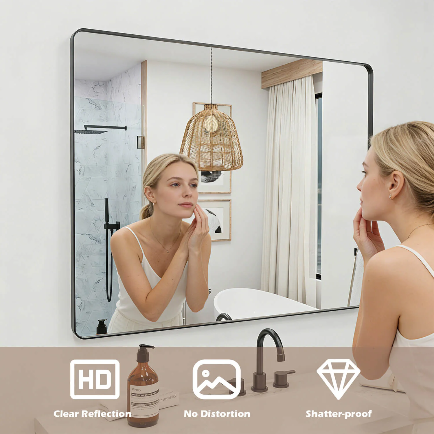 48"x32" Black Framed Mirror with Tempered Glass, Horizontal or Vertical - Image 5