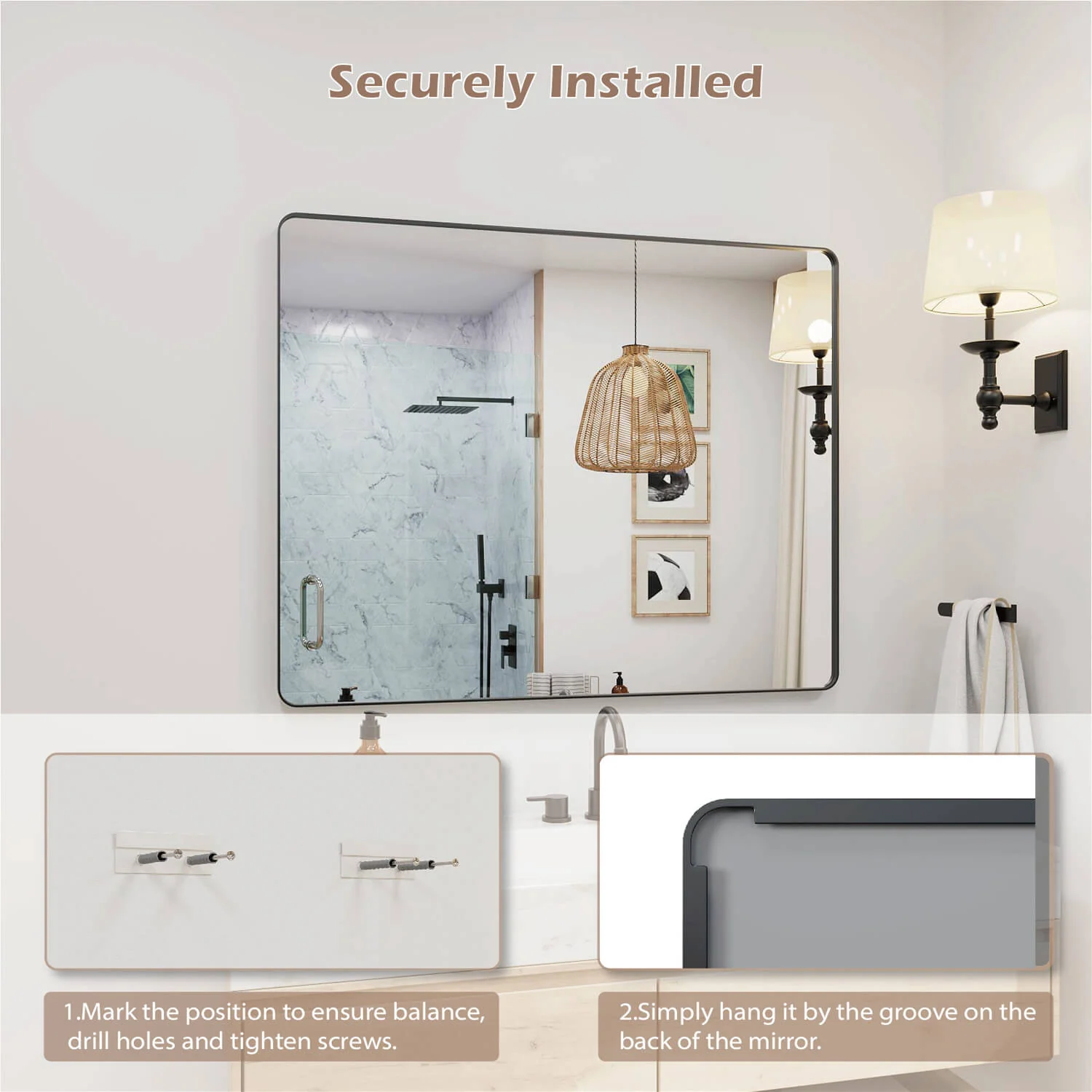 48"x32" Black Framed Mirror with Tempered Glass, Horizontal or Vertical - Image 7