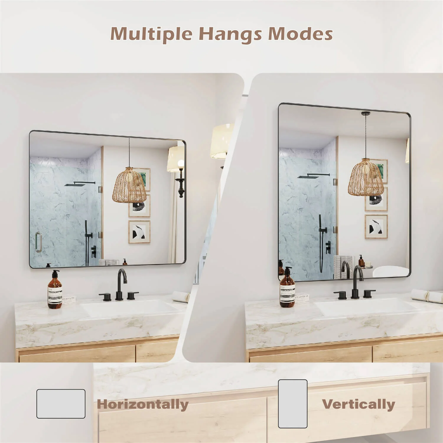 48"x32" Black Framed Mirror with Tempered Glass, Horizontal or Vertical - Image 8