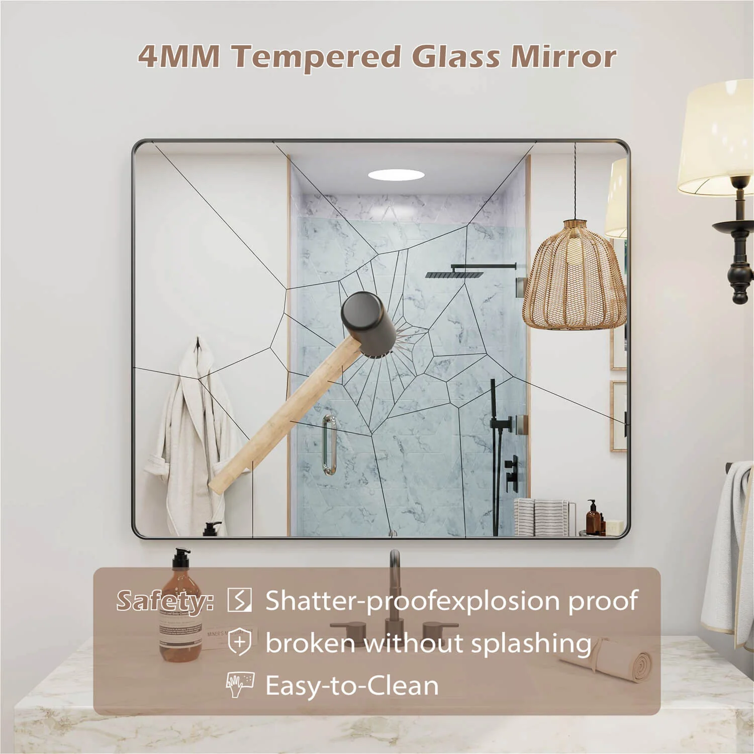 48"x32" Black Framed Mirror with Tempered Glass, Horizontal or Vertical - Image 9