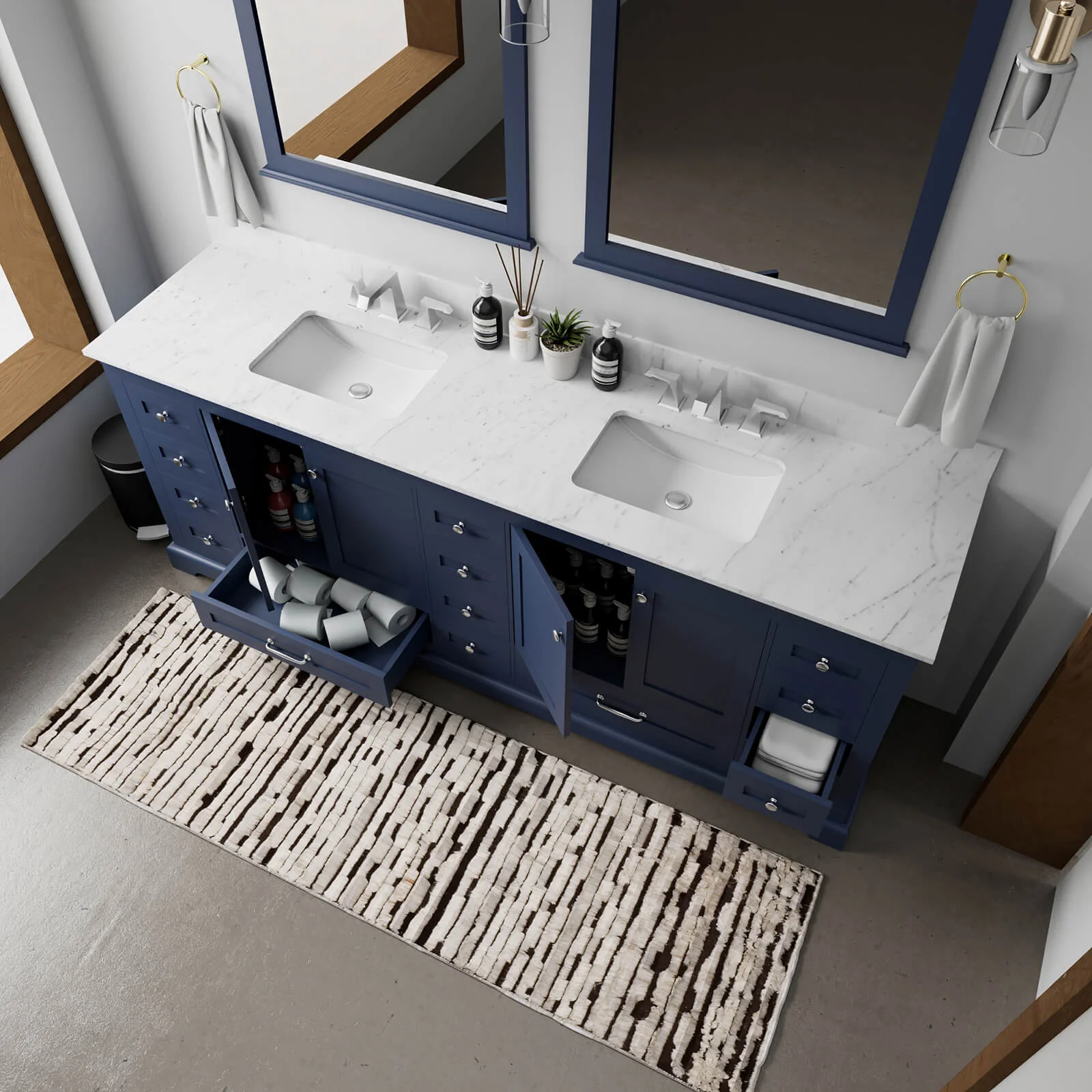 84" Blue Double Vanity with Carrara Marble Countertop - Image 3