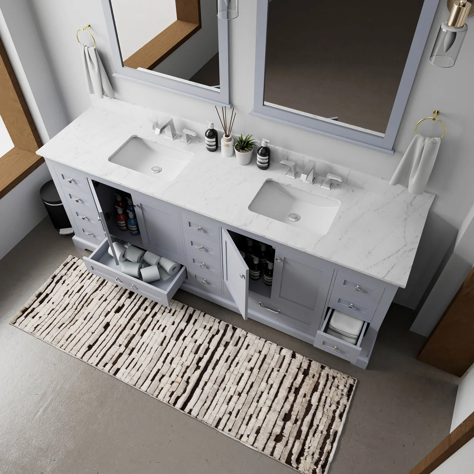 84" Gray Double Vanity with Carrara Marble Countertop - Image 3