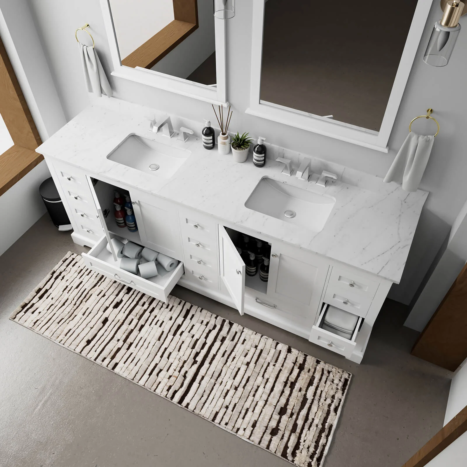 84" White Double Vanity with Carrara Marble Countertop - Image 3