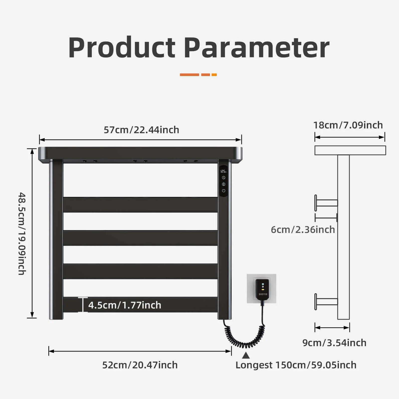 Black Plug-In Heated Towel Rack - Image 12