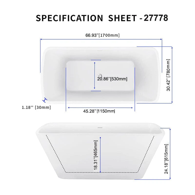 Mokleba 67'' Lucite Acrylic Bathtub Trapezoidal Shape Freestanding Soaking Tub Glossy White - Image 11