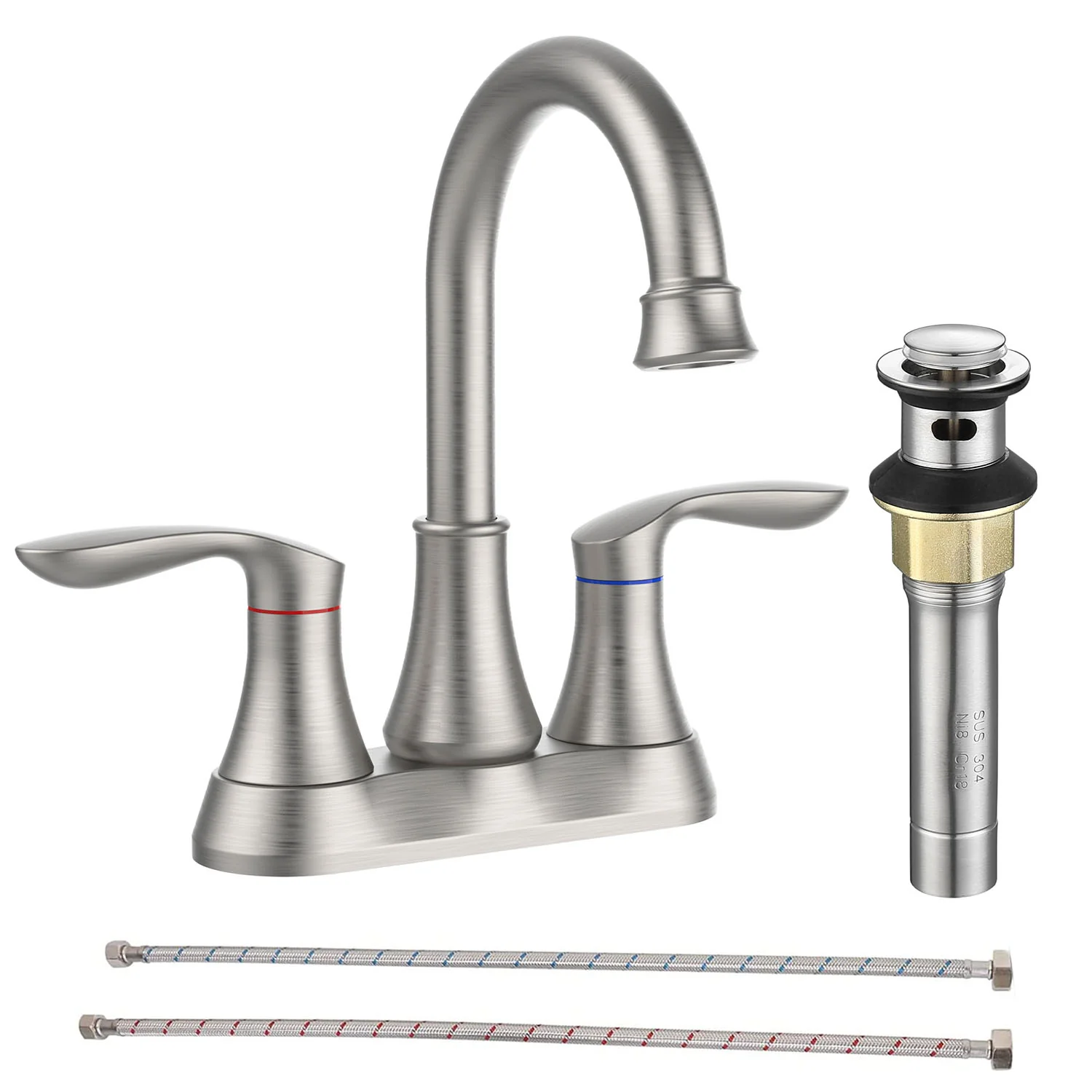 Giving Tree 2-Handle 4-Inch Brushed Nickel Bathroom Vanity Sink Faucet with Pop-up Drain and Supply Hoses - Image 10