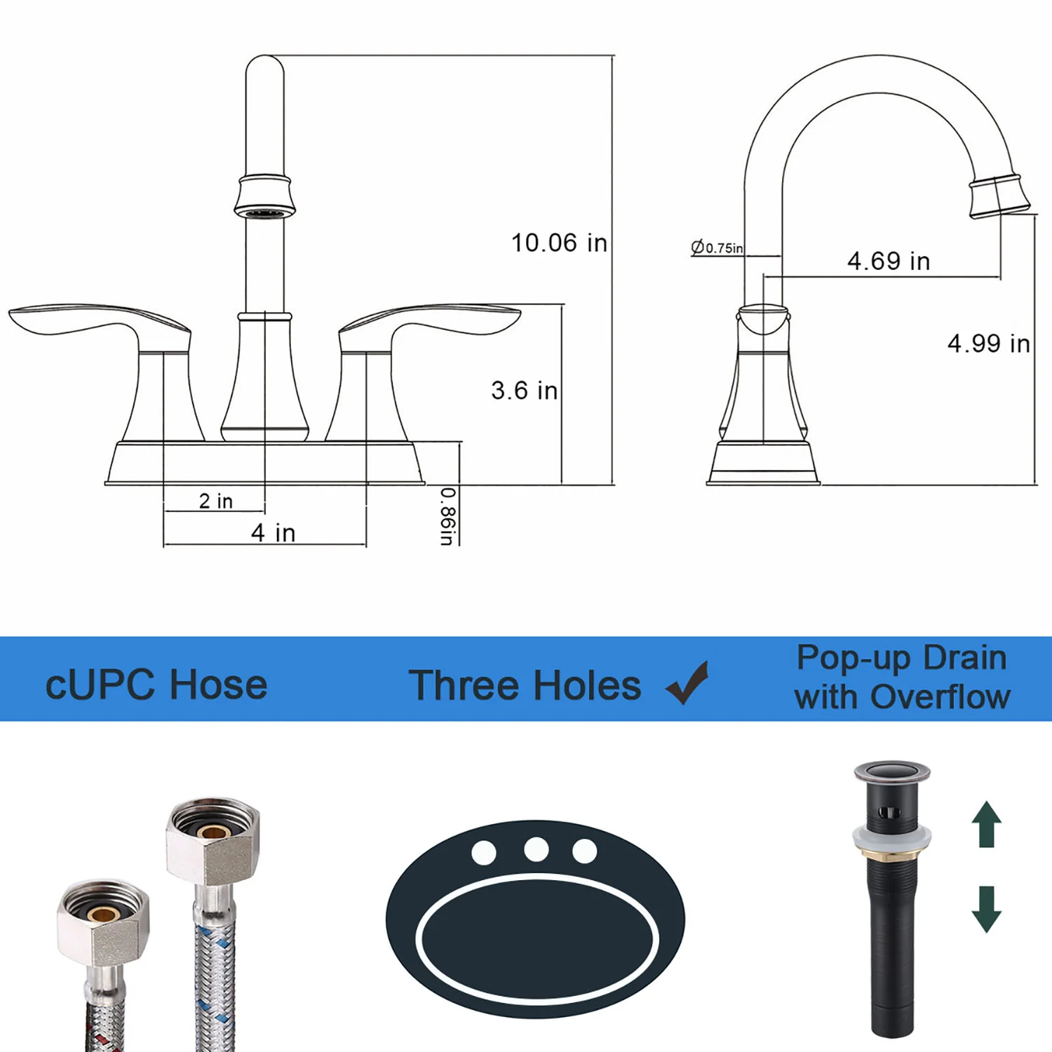 Giving Tree 2-Handle 4-Inch Oil Rubbed Bronze Bathroom Faucet, Bathroom Vanity Sink Faucets with Pop-up Drain and Supply Hoses - Image 12