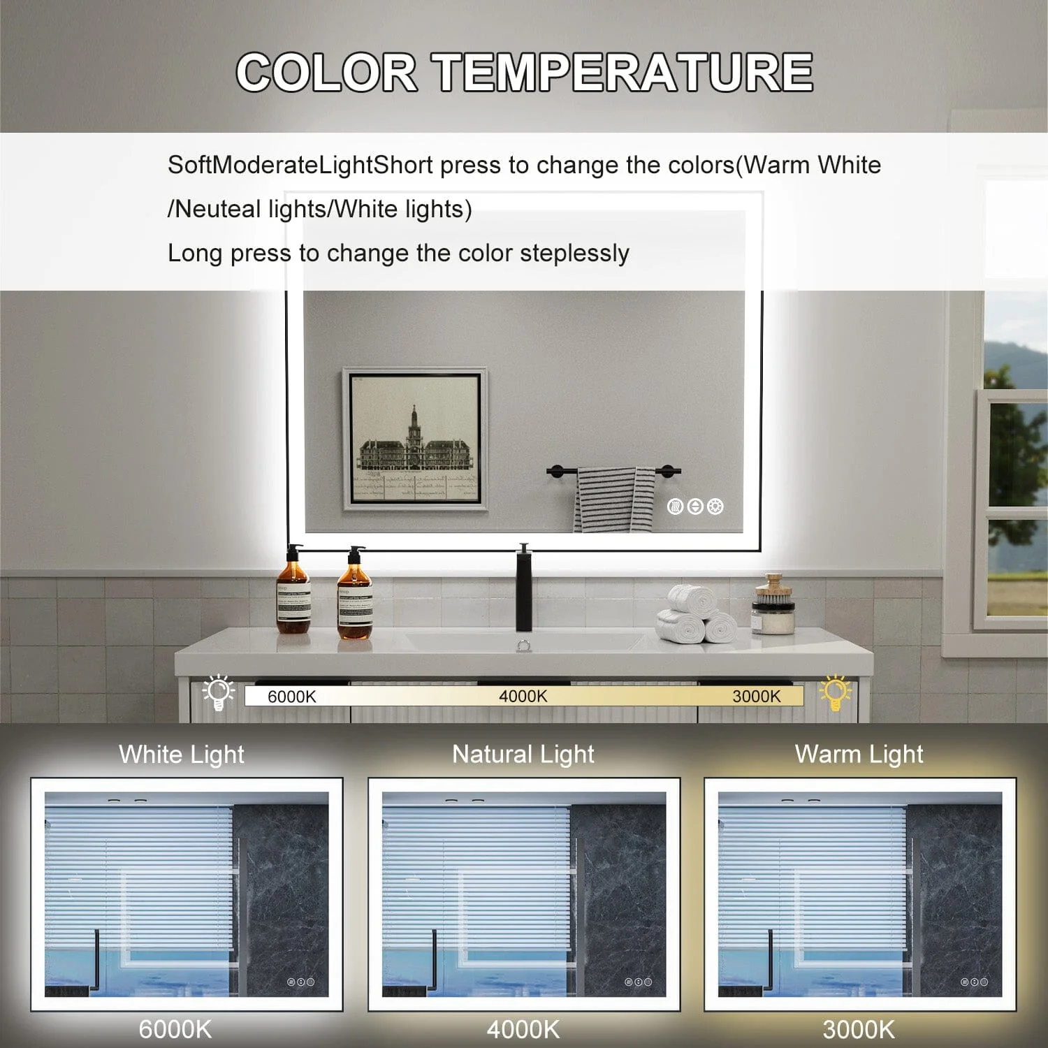 GIVING TREE 40"/48"/55" LED Bathroom Mirror with Black Frame, Anti-Fog, Shatter-Proof, Memory, 3 Colors - Image 22